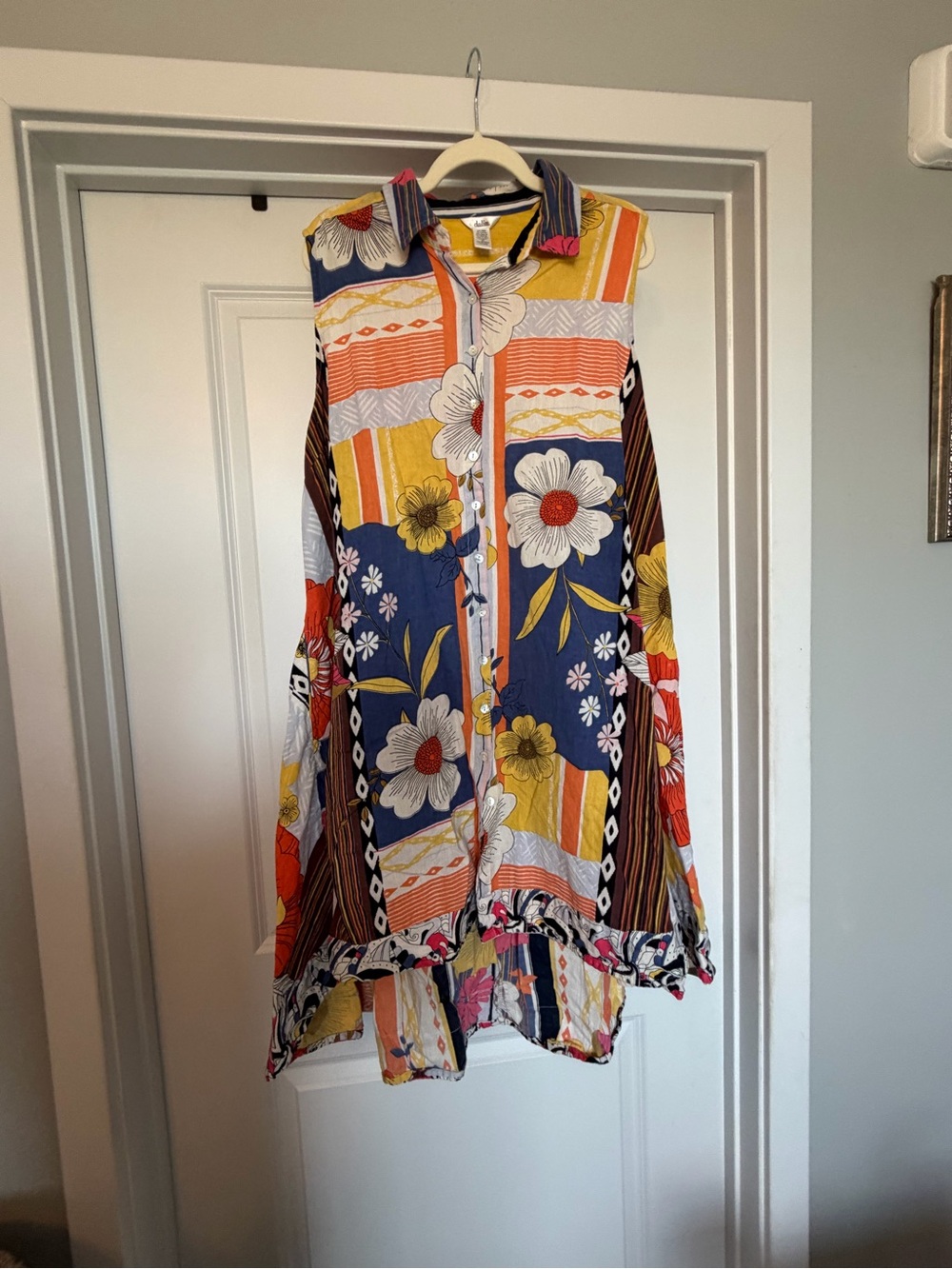 Dalin 2X Linen Blend Floral Patchwork Button Front Tunic Dress Boho